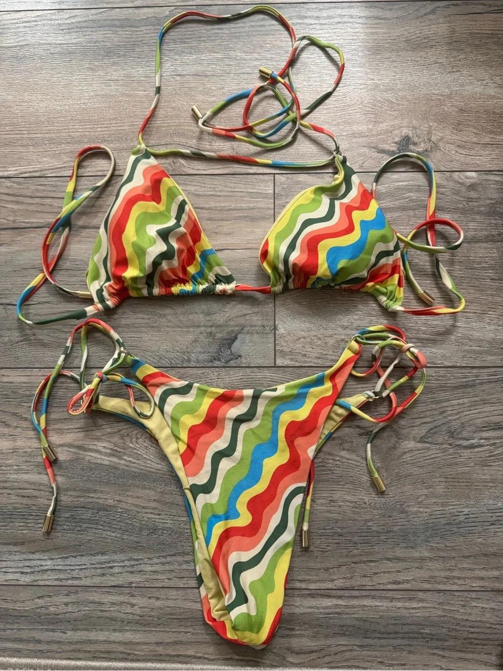 Monday Swimwear Multicolor Wavy Stripe Triangle Bikini(Large top, medium bottom)